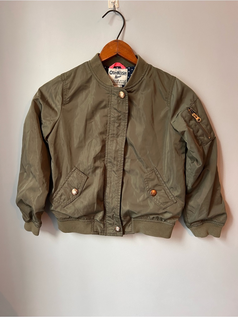 OshKosh B'gosh Girls Bomber Jacket 8 Olive Green Coat Gold Buttons